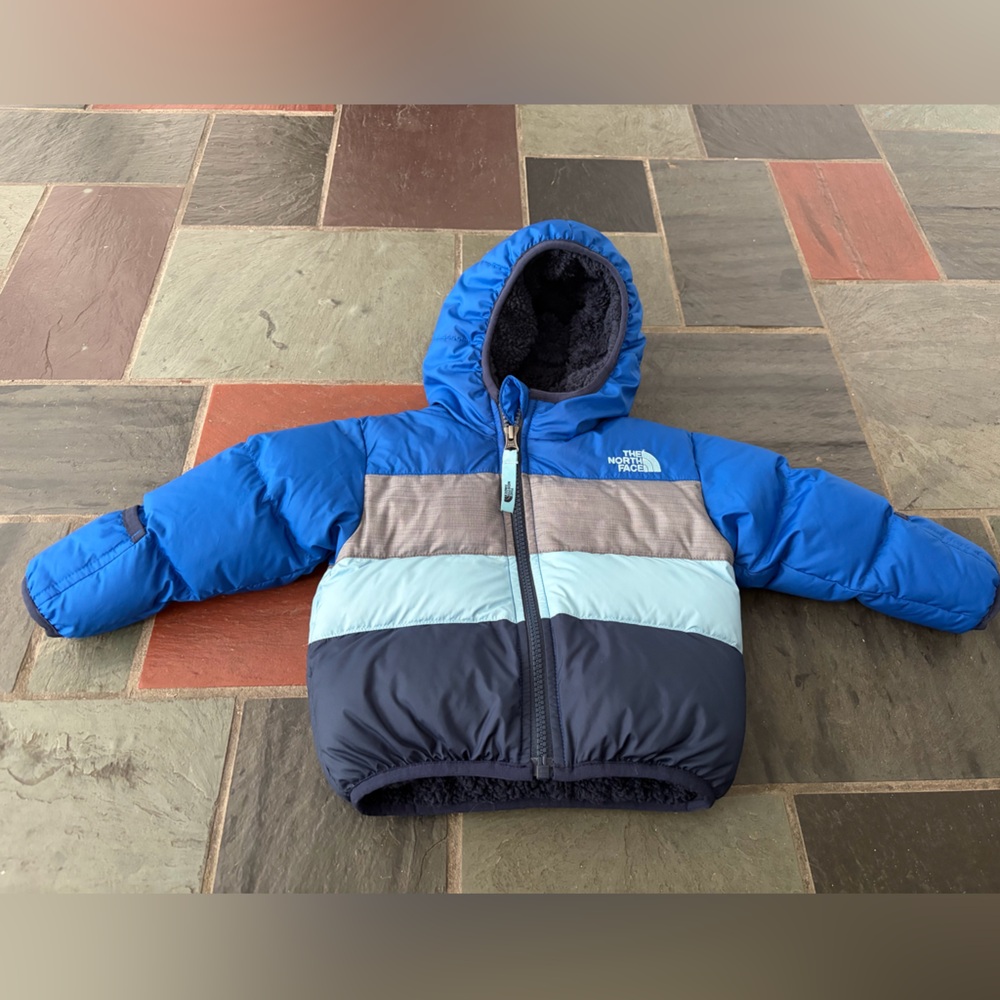 The North Face Blue and Gray Fleece-Lined Puffer Jacket Size 6-12M